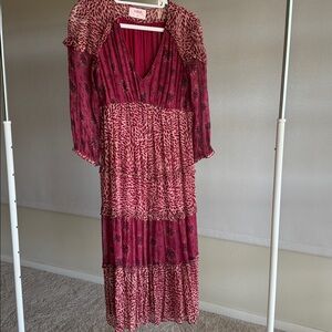 ba&sh Red and Pink Patterned Long Sleeve Dress